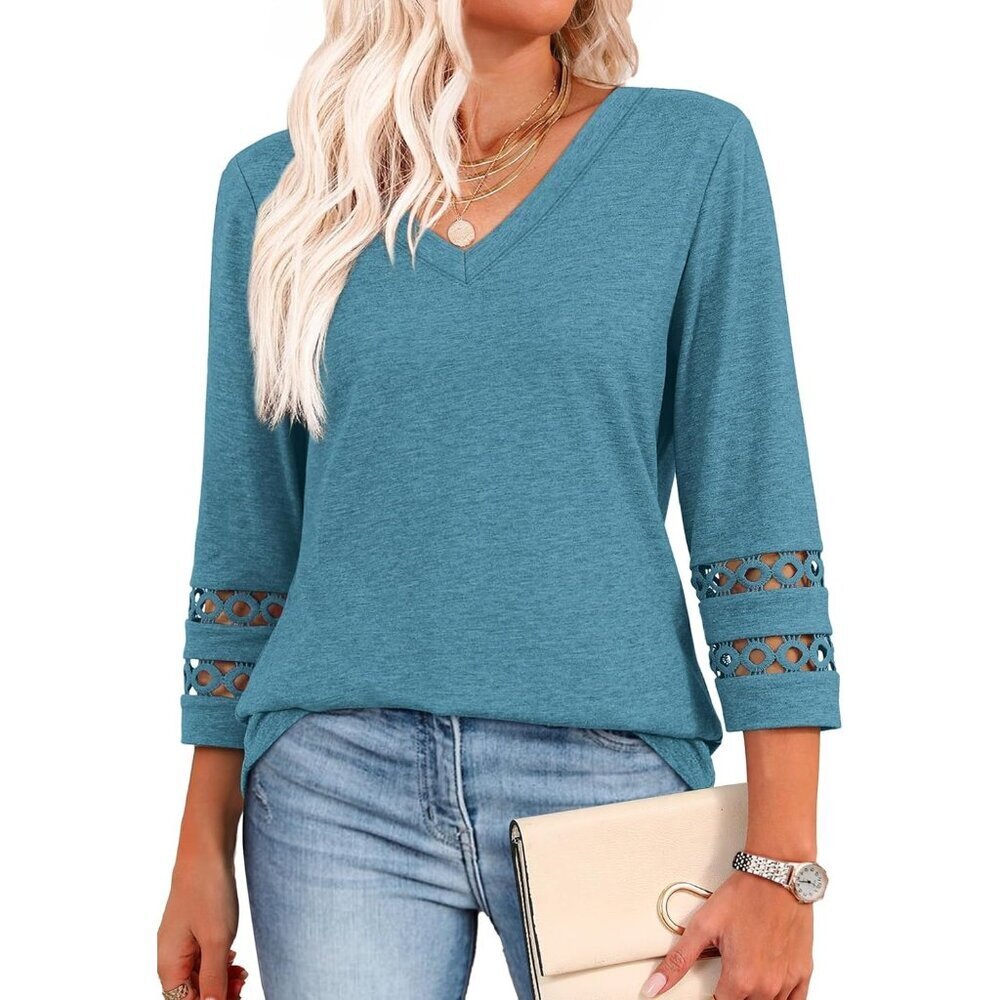 Womens Blue Dressy Casual Polyester Blouses Trendy V Neck T Shirts Summer Tops